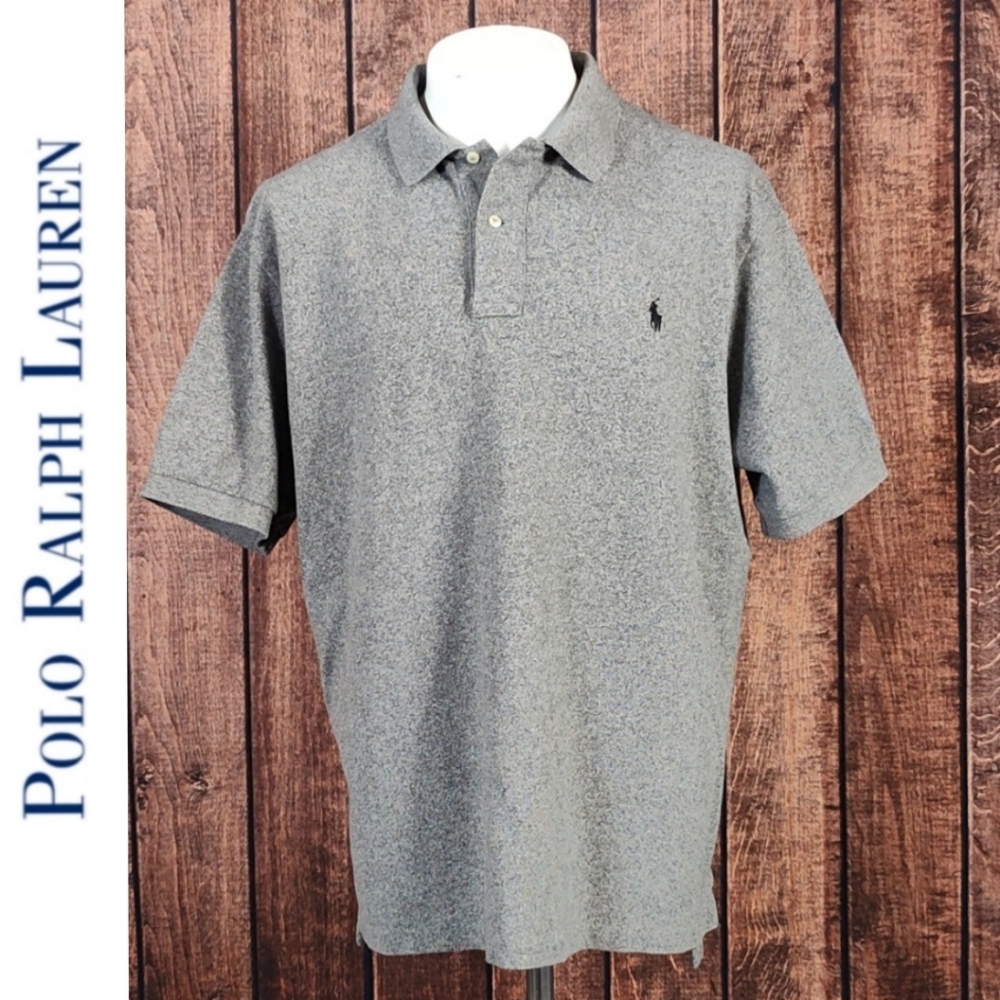 Vtg Gray Heather Mesh Knit Mens Short Sleeve Polo With Black Pony Like New